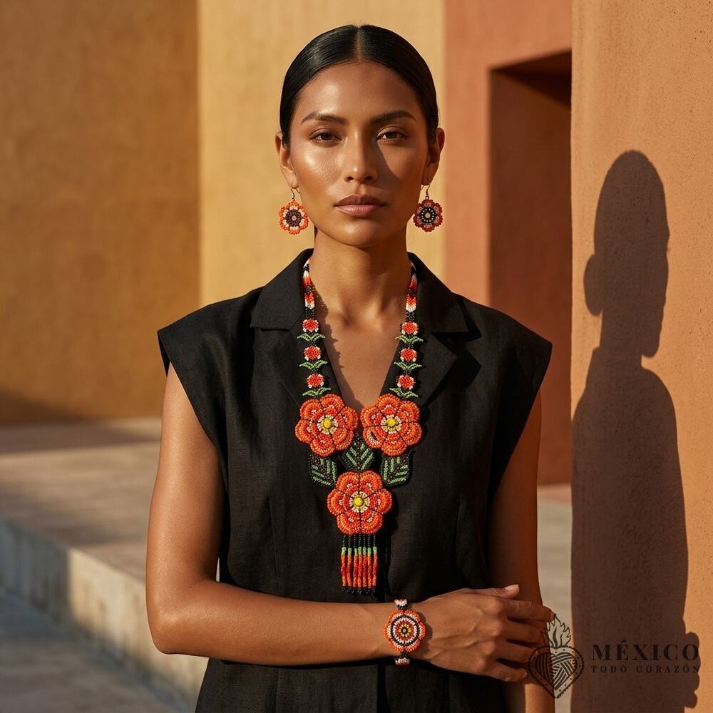 Huichol Mexican art 3 piece necklace earings and bracelet orange